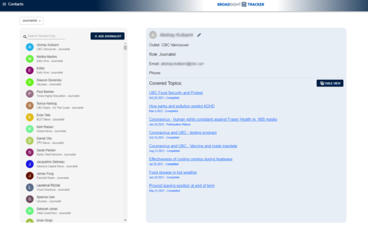 Screen shot of Broadsight Tracker media contact page