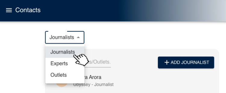 Broadsight tracker dropdown menu allow access to lists of journalists, experts or news outlets