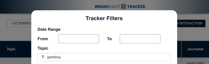 Broadsight Tracker search interface with the word 'gambling' entered